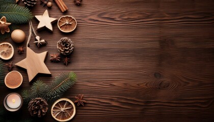 Christmas Wooden Natural Decoration Ornaments Left Side on Wooden Table