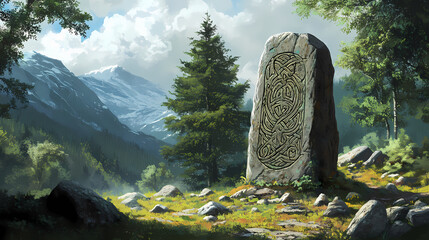 Intricate viking rune stone monolith with scandinavian motifs and mythical carvings in forested glen setting. viking rune stones. illustration. Monolith. Illustration