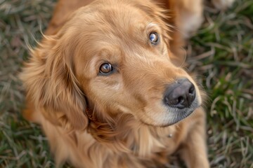 Closeup portrait of a young golden retriever diagonally photographed