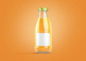 Blank transparent glass orange juice bottle mockup, colored background