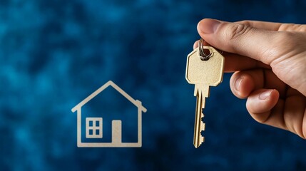 A close-up of a hand holding a key, with the outline of a smaller house on a blue background, symbolizing the transition to a downsized property, real estate downsizing and moving concept
