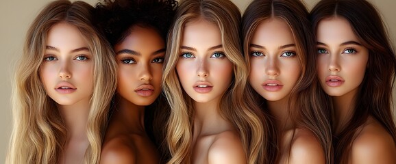 Obraz premium A diverse group of beautiful women with natural beauty and glowing smooth skin. Portrait of many attractive female fashion models with great skincare of all races, tones and style,