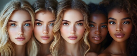 Fototapeta premium A diverse group of beautiful women with natural beauty and glowing smooth skin. Portrait of many attractive female fashion models with great skincare of all races, tones and style,