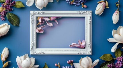 A blank white picture frame with a ceramic art border in the center surrounded by magnolias and...