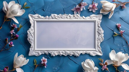 A blank white picture frame with a ceramic art border in the center surrounded by magnolias and...