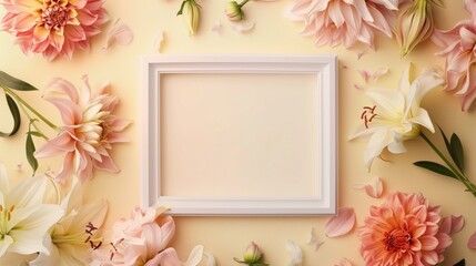 Obraz premium A blank white picture frame with a ceramic border centered encircled by lilies and dahlias
