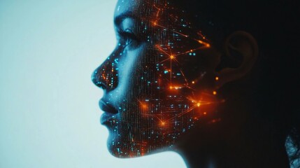 A close-up of a woman's head with a transparent digital overlay, showing a network of data points and circuits, symbolizing the fusion of human and AI intelligence, artificial intelligence concept