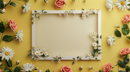 A blank white picture frame with a metal floral border in the middle surrounded by tulips and gardenias
