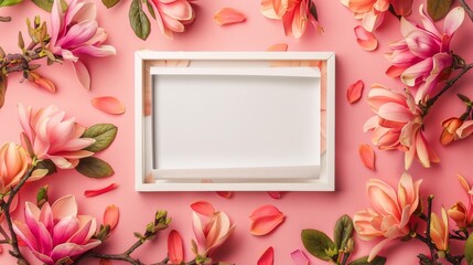 A blank white picture frame with a paper border in the middle surrounded by bougainvilleas and magnolias