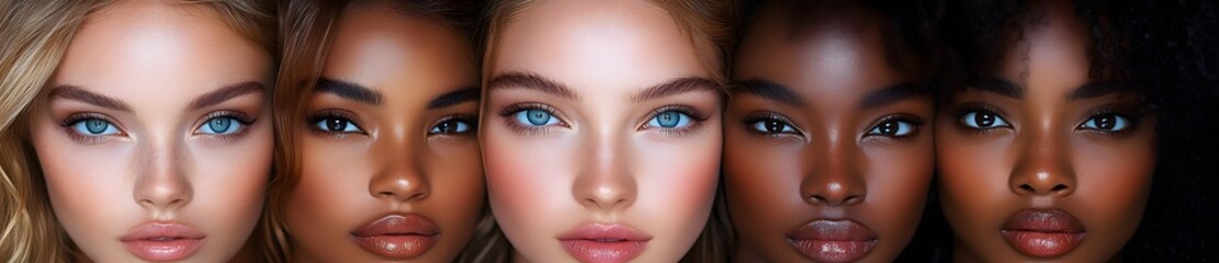 Naklejka premium A diverse group of beautiful women with natural beauty and glowing smooth skin. Portrait of many attractive female fashion models with great skincare of all races, tones and style,