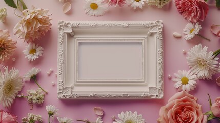 A blank white picture frame with a pearl border centered encircled by daisies and hydrangeas