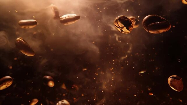 Roasted coffee beans float in a smoky, aromatic cloud, creating a warm and inviting atmosphere. Perfect for food, beverage, or cafe projects.. AI Generation