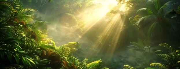 A vibrant jungle scene features lush green foliage, with sunlight beautifully illuminating this enchanting forest