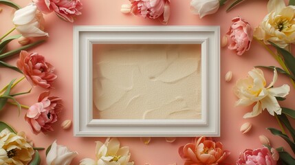 A blank white picture frame with a plaster border centered encircled by peonies and tulips