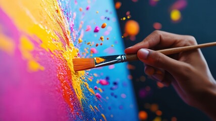 A vibrant hand holds a paintbrush, creating a colorful explosion on a canvas, showcasing creativity and artistic expression.