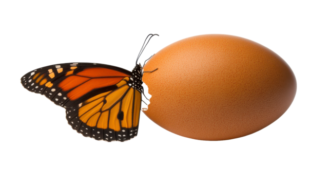 Butterfly Curiosity, a vibrant monarch inspects a smooth brown egg against a clean white backdrop. Isolated on white background.