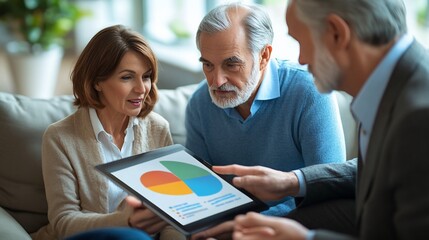 Senior couple consulting with financial advisor, reviewing pie chart on tablet.