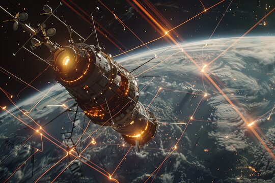 Spacecraft orbits planet Earth with glowing lights and digital connections in a futuristic setting. Generative AI
