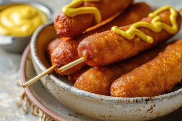 Corn dogs with mustard in a bowl on a beige stone surface close up shot