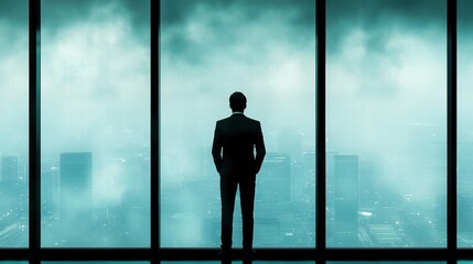 Businessman Contemplating Cityscape from Office Window