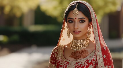 Beautiful Indian bride in red bridal attire, adorned with gold jewelry and henna, looks directly at the camera.
