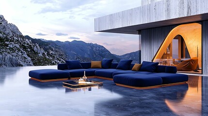 A modern outdoor lounge area featuring plush blue seating against a stunning mountain backdrop and a sleek architectural design.