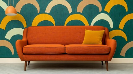 A vibrant orange sofa with a yellow cushion sits against a patterned teal wall adorned with colorful arcs.