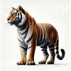 Obraz premium Tiger isolated on a white background, Side view, tiger standing full HD image generated by Ai. full body, realistic, full detail looking at the camera.