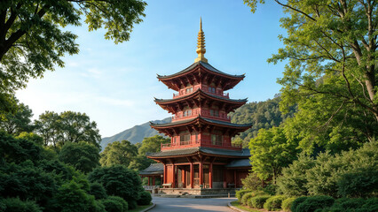 Fototapeta premium Chinese pagoda Traditional Red Pagoda in Serene Natural Setting