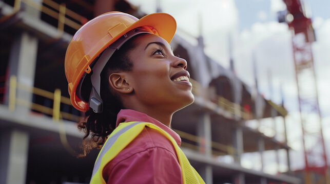 Black foreman builder woman at construction site. African american female apprentice builder working on apprenticeship training scheme. Inspiring young woman, international women's day