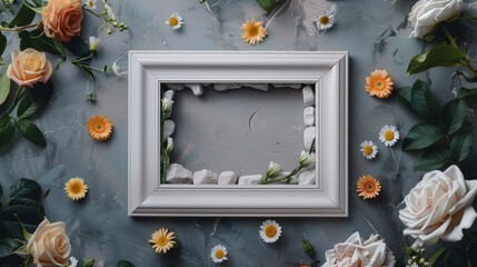 A blank white picture frame with a stone border centered encircled by roses and daisies