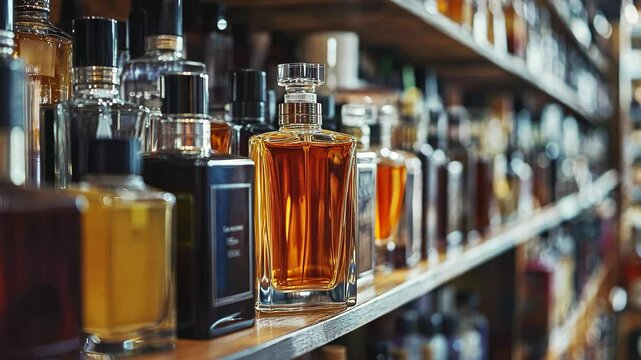 Display of diverse perfume bottles arranged on shelves in a fragrant shop showcasing various scents and styles