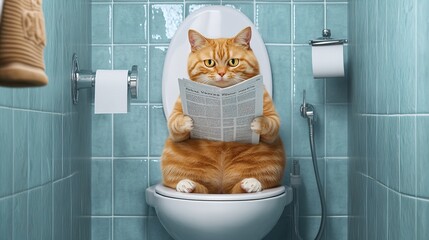 A funny, fat, orange cat sitting on an open toiletseat,reading anewspaper, with a bathroom inthe background, in a funny, bizarre scene. Thisphoto has a humorous, commercial-style look 
