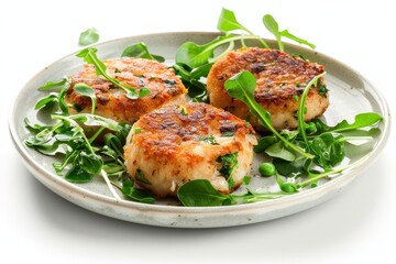Crab cake or fish cake with spinach and pea shoots on white plate