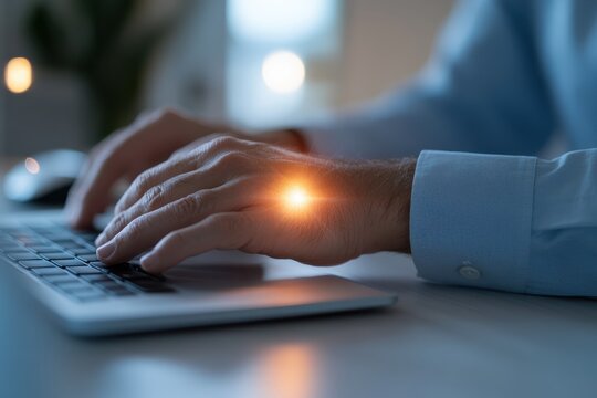 A close-up of a person's hand typing on a keyboard illuminated with a soft glow, highlighting a late-night workspace ambiance and focus on productivity.