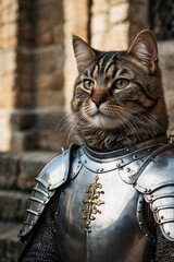 Shining Armor and Whiskers: A Regal Cat Knight in the Medieval Era, Ready for Battle with Courage and Strength