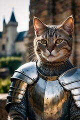 The Templar Cat: A Portrait of a Fierce and Regal Cat in Armor, Embodying the Courage of the Middle Ages