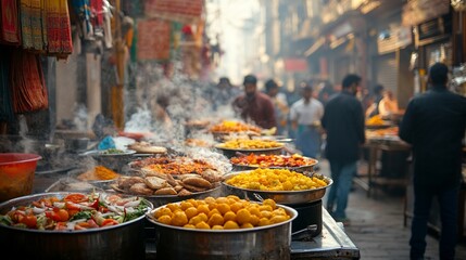 Busy street food market with steaming dishes, people browsing and vendors selling.