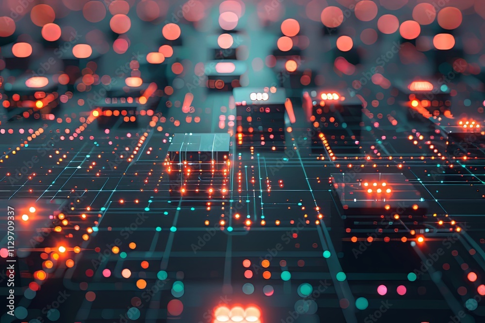Poster digital circuit board with glowing components and intricate connections illuminated in a futuristic 