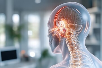This image illustrates a 3D model of the human brain and spinal column, focusing on the intricate connections and pathways within the nervous system.