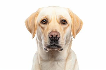 Cream colored Labrador retriever in front of white background facing camera