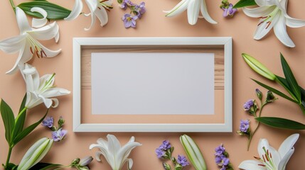 A blank white picture frame with a wooden inlay border in the middle surrounded by lilies and...