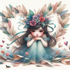 Naklejka premium cute little girl crouch down, wearing the flower crown surrounding by hearts