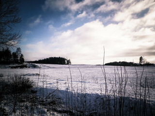 Winter. Snow on meadows of Kashubian region of northern Poland.