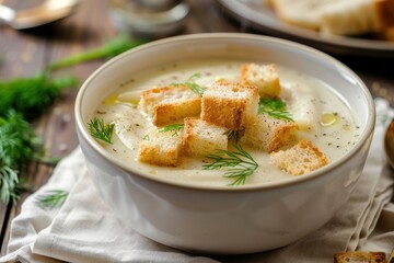 Cream soup with croutons and dill on napkin close up