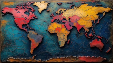 World map art piece. Colorful textured map displays global diversity. Vivid colors showcase continents and countries. Artistic design for global unity. Educational piece showcasing world geography.