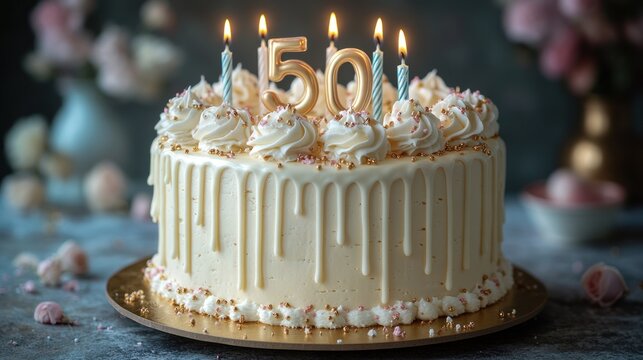 A festive cake celebrating a 50th birthday. - Powered by Adobe
