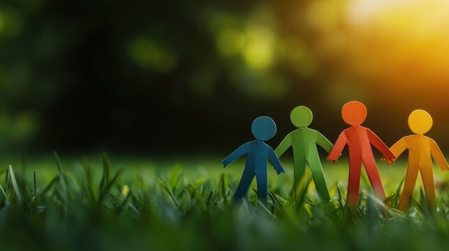 Community connection colorful figurines on grass outdoor scene bright environment unity concept
