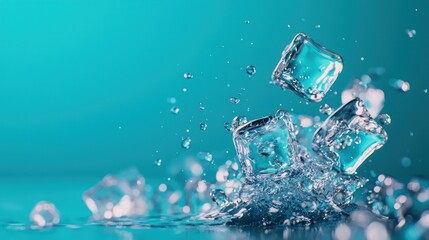 Dynamic ice cubes splashing in water studio setting high-speed photography close-up