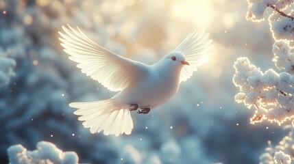 Fototapeta premium A white dove is flying in the sky above a snowy tree